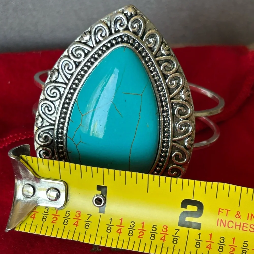 Vintage Kenneth Jay Lane Turquoise  Teardrop Stone Silver-Tone Cuff Bracelet - Picture 8 of 8